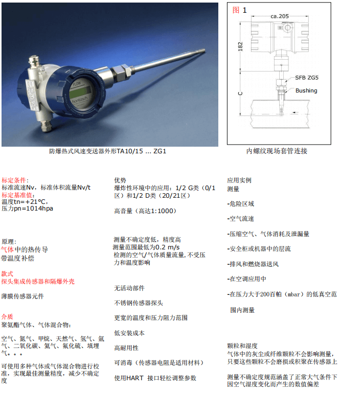 Hontzsch虹启防爆热式风速、风量变送器 TA10/15...ZG1参数