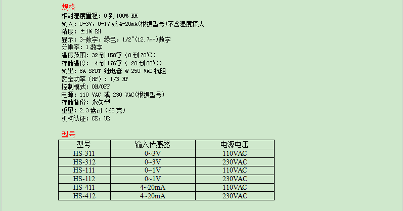 DWYER德威尔 HS系列 数显湿度开关参数