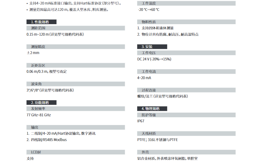 雷达物位计参数